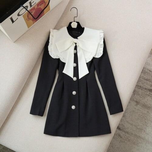 2021 Autumn New Small Fragrance Lapel Long Sleeve Bow Black Mini Dress Women Korean OL Single-breasted Suits Dress Robe Femme