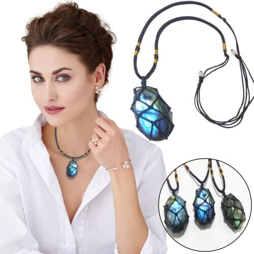 Woman Necklace Wild Fashion Classic Natural Moon Stone Labradorite Rough Stone Pendant Necklace цепочка на шею женская 30