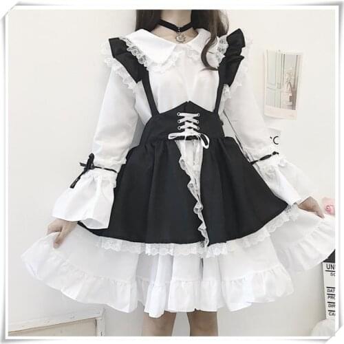 4XL Halloween Japanese Style Women Princess Black White Dress Slash Neck Gothic Dress Puff Sleeve Lace Ruffles Party Dresses