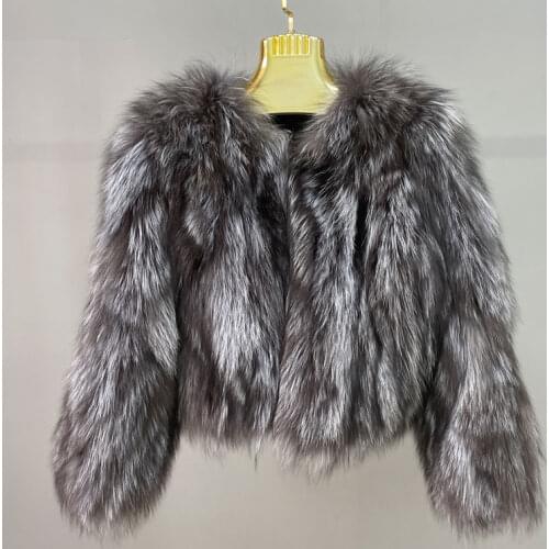 Winter Warm Womens Real Silver Fox Fur Short Jacket Long Sleeve Round Neck Fashion Casual Natural Fur Coat QD.YISHANG