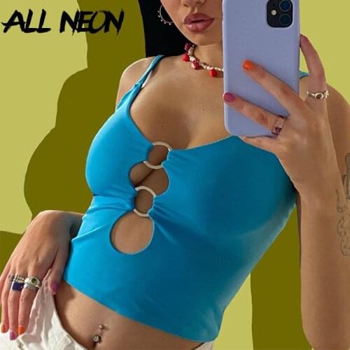 ALLNeon Y2K Aesthetics Hollow Out Green Cami Tops 2000s Fashion Summer Holes Straped Backless Crop Tops E-girl Streetwear Sexy