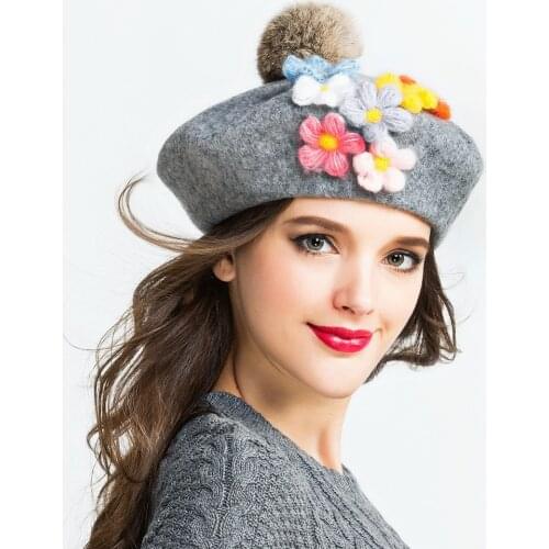 Winter Warm Wool Womens Top Fur Ball pom poms Beret Hat For Laday Artist Embroidery Cap with Handwork Flower beanie hats 20