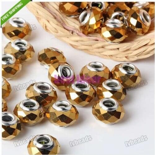 Free Shipping 50pcs Copper plated Cut &Faceted Glass Beads Big Hole Fit European Charms Bracelet 14x8mm