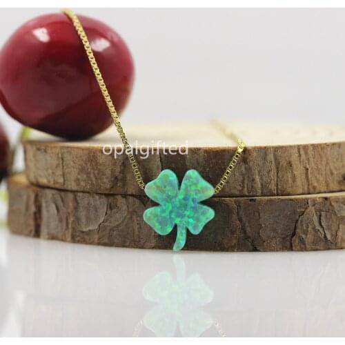 Free Shipping Trendy 12*13mm Lucky four leaf clover opal necklace green fire synthetic opal clover pendant gold chain necklace