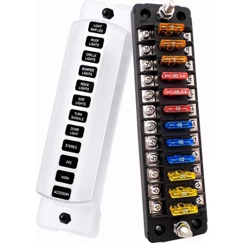 12 Way Waterproof Fuse Box 5A-20A ATO/ATC Blade Fuse Block Holde with Ground Protection Cover Sticker for Auto Car Boat
