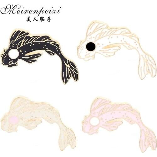 Meirenpeizi Koi pin Fish pin Black/white/pink 4 color Lapel pins Brooches Badges Backpack Bag Hats Accessories For men women