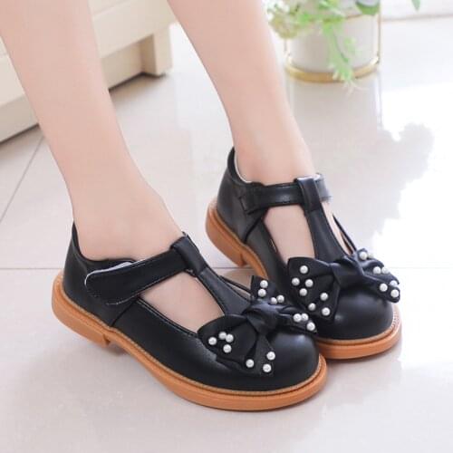 Spring Autumn Girls Leather Shoes for Party Wedding Children Flats T-strap with Bow-knot Ribbon Bow with Pearls Kids Dress Shoes