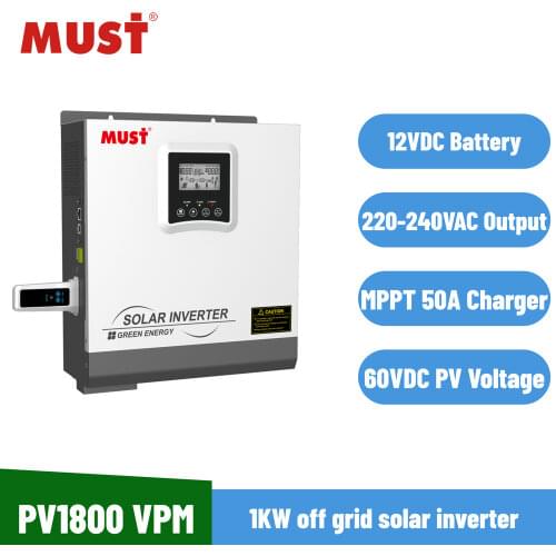 MUST Solar Inverter PV1800 VPM 1kw 1000w High Frequency Solar Inverter For Home Use Built In MPPT 50A Controller 12v 220v 240v