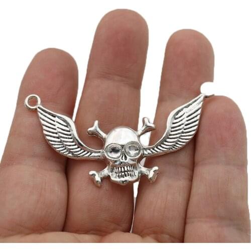 JAKONGO Silver Plated Skull Wings Charm Pendants for Jewelry Making Bracelet DIY Accessories 59x31mm 2pcs