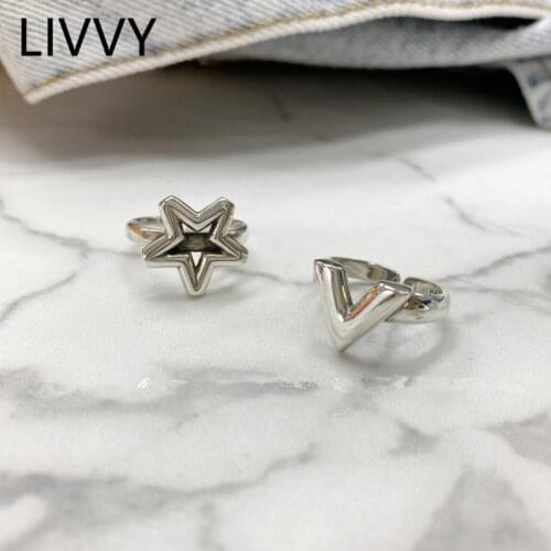 LIVVY Silver Color Personality Hollow Star V-Shape Thai Silver Ring For Women Open Simple Retro Party Accessories Gifts