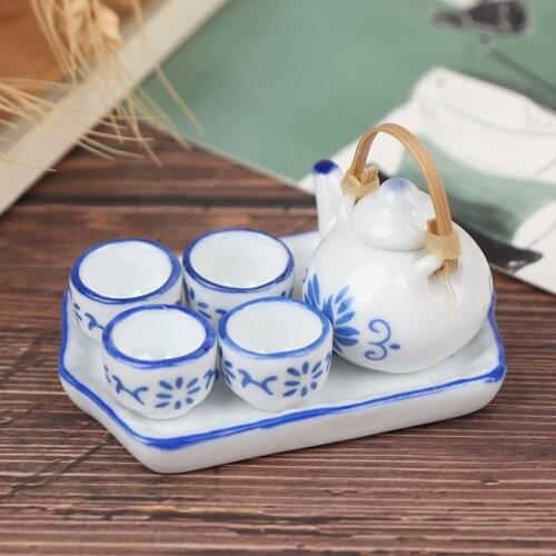 6Pcs 1/6 1/12 Dollhouse Miniature Dining Ware Blue Porcelain Tea Set Dish Cup Plate China Ceramic Tea Set Dolls House