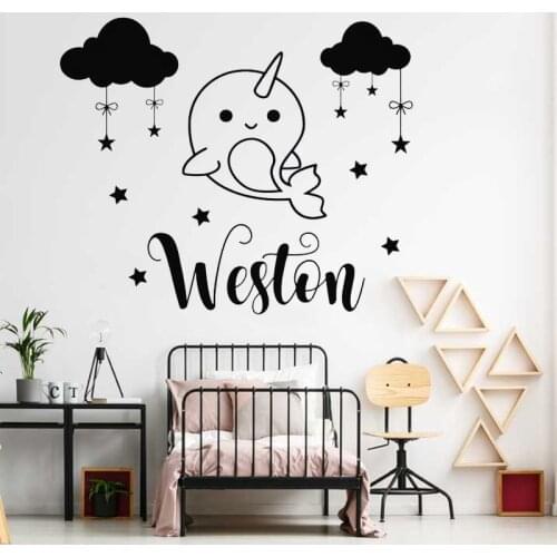 Cartoon Whale Decal Custom Boys Name Wall Sticker Cute Narwhal Vinyl Stickers Personalized Decals Cloud Stars DIY Nursery LC1670