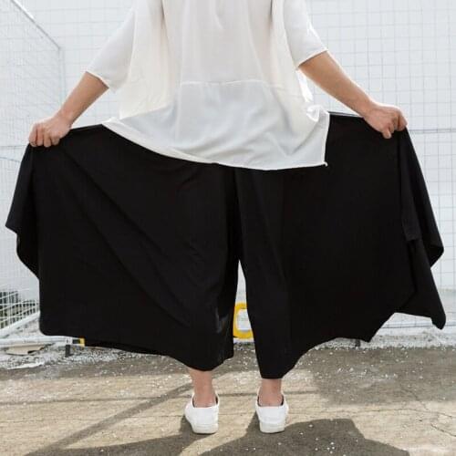 Dark Black Simple Super Wide Leg Flared Mens Skirt Pants Nine Points Casual Pants Hip Hop Streetwear Men Clothes 2020
