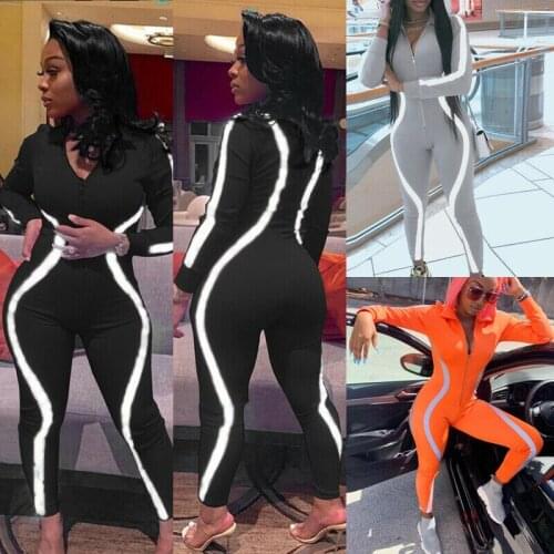 Autumn Women Long Sleeve Playsuits Zip V-Neck Slim Bodycon Fluorescent Strip Jumpsuit Bodysuit Party Clubwear S-2XL