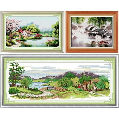 Pastoral Landscape Series 14CT Printed Patterns Chinese Embroidery Set DMC Fabric on Canvas Cross Stitch Kit for Decoration Gift