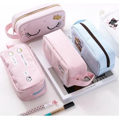 Kawaii Canvas Double Layer Large Capacity Pencil Case Pencil Bag for Girls Pen Brushes Pouch Box Supplies School Stationery Gift