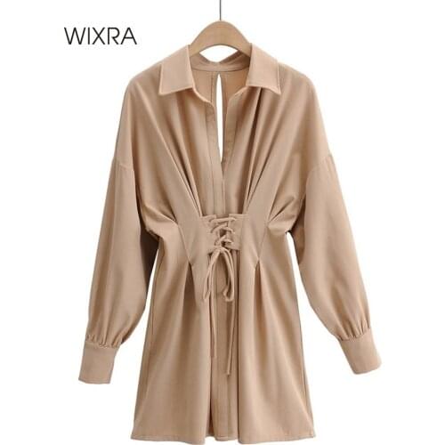 Wixra Lace Up Shirts Dresses Womens Turn-Down Collar Sweet Chic Short Clothing Loose Hollow Out Ladies Spring Summer