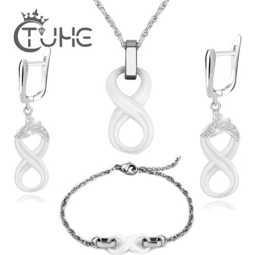 Simple Style Shinning CZ Crystal Pendant Jewelry Sets Infinity Eight White Ceramic Necklace & Bracelet & Dangle Drop Earring Set