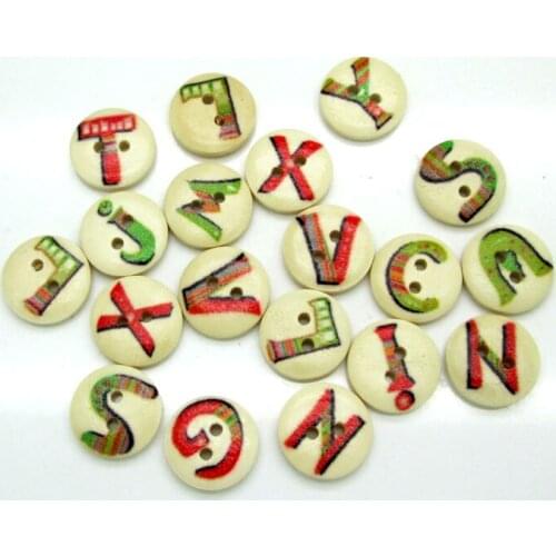 100pcs 15mm Mixed Natural Round Letter Series Pattern Wooden Buttons For Clothes Crafts Sewing Scrapbooking DIY Accessories