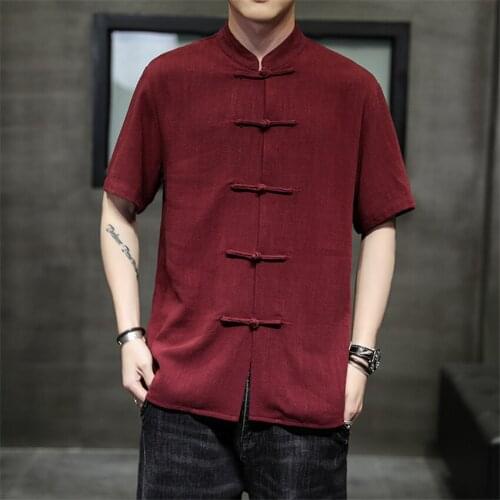Chinese Traditional Clothes Tang Suit Men Tops Vintage Shirts Short Sleeve Casual Loose Solid Color Linen Chinoiserie Hanfu Male