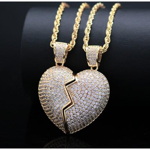 Hip Hop Iced Out Full Cubic Zircon Rope Chain Heart Breaking Pendant & Necklace for Men Jewelry Women Dropshipping Wholesale