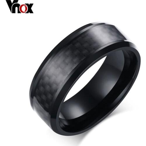 Vnox Black Carbon Fiber Punk Ring For Men 8mm Stainless Steel Wedding Mens Rings Jewelry