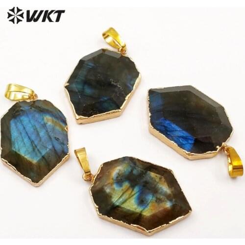 WT-P1388 Sparkly Exquisite Shield Shape Natural Labradorite With Gold Trim Pendant For Women Vintage Jewelry Making