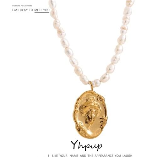 Yhpup 2021 Stainless Steel Jewelry Natural Pearl Chain Necklace Golden Portrait Pendant Collar Necklace Accessories Party Gift