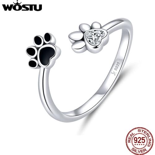 WOSTU 100% 925 Sterling Silver Paw Dog Pets' Footprint Ring For Women Wedding Engagement Adjustable Rings Fashion Jewelry CQR605