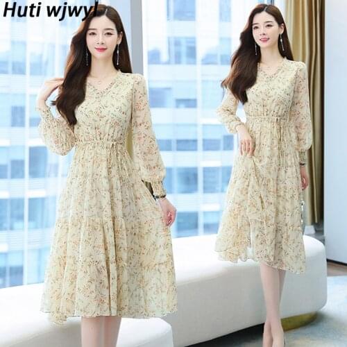 2021 Atumun Women Floral Chiffon Midi Dress Spring Vintage Korean Casual Beach Dress Elegant Bodycon Party Long Sleeve Vestidos