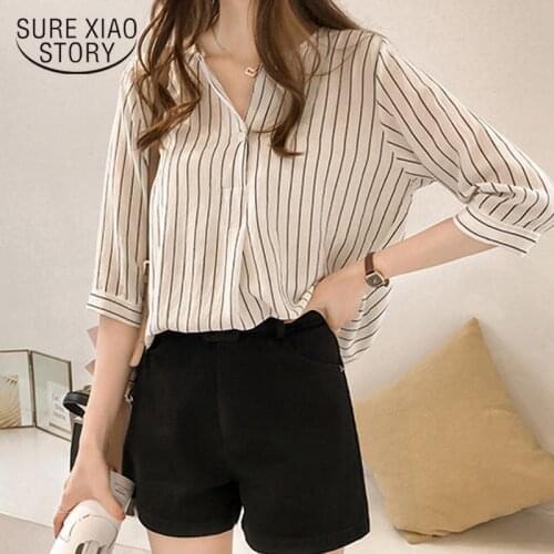 Blusas 2021 Summer Plus Size Women Tops and Blouse Female V-neck Stripe Shirt Casual Women Chiffon Shirt New Lady Tops 0753