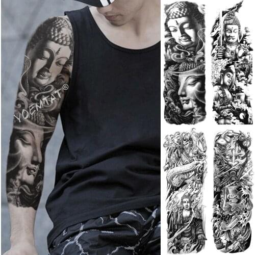 Large Arm Sleeve Tattoo Dragon Buddha Sakyamuni Waterproof Temporary Fake Tatoo Sticker Skull Japanese Men Women Full Tatto