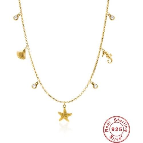 GS Fashion Zircon Starfish Shell Pendant Necklaces for Women Long Chain 925 Sterling Silver Necklace Fine Jewelry Accessories