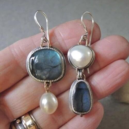 Tribal Asymmetric Geometric Stone Water Drop Earrings Boho Jewelry White Pearl Statement Dangle Earrings for Women