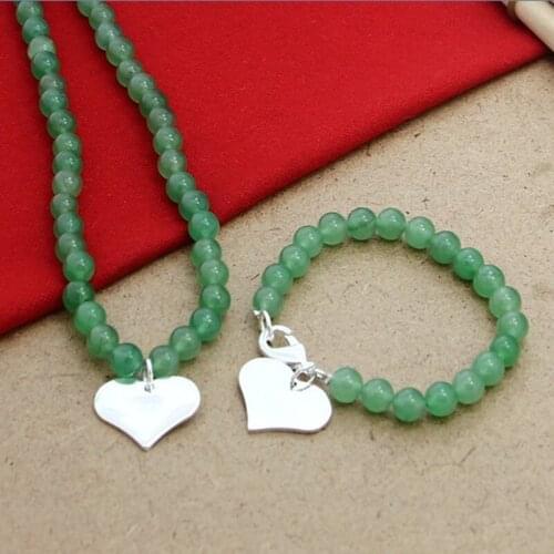 Luxury Brand New 925 Sterling Silver Jewelry Sets Fashion Green Pearl Heart Necklace Bracelet Set Trendy Jewelry