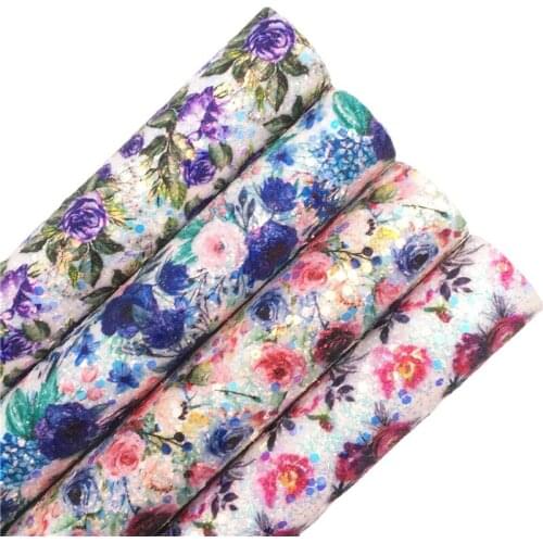 LEOsyntheticoDIY Rose Flowers Printed Chunky Glitter Vinyl Fabric Sheet Felt Backing Synthetic Leather Faux Vinil DIY A4 R210