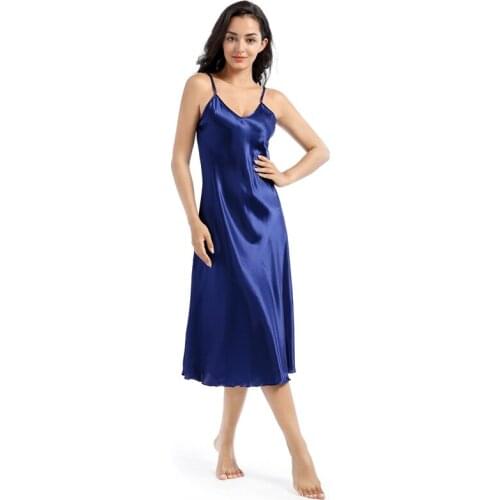 Summer solid Womens Sleepwear Female Sexy Spaghetti Strap Nightgown Rayon Nightdress Short Robe Dress Gown plain Long #4150