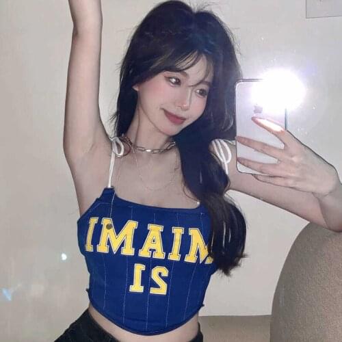 Y2K Sexy Tank Blue Halter Crop Tops Camisole Casual Tube Female Sleeveless Vest Bandage Letter Print Women Summer Camis Backless