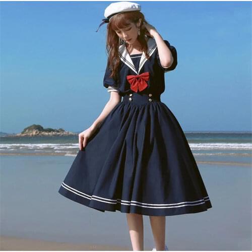 Japanese Lolita Sweet Dress Harajuku Sailor Collar Navy Dresses Vintage Bow Kawaii Girls Preppy Style Long Sleeve Dress
