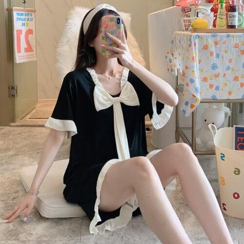 Sweet Tie A Bow Women Shorts Pajamas Sets 2PCS Cotton Floral Trim Pyjamas Sleepwear Nightwear Loungewear Home Clothes