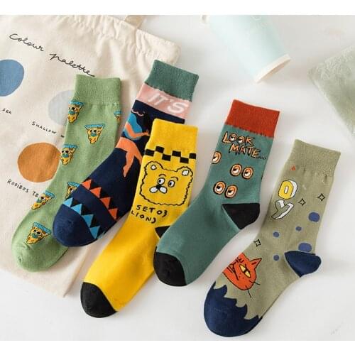 PEONFLY New 2020 Autumn Socks Women Casual Korean Style Cute Cartoon Printed Socks Casual Harajuku Combed Cotton Calcetines