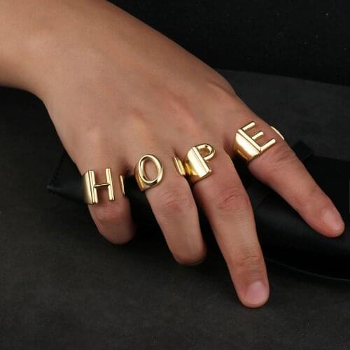 Adjustable Hollow A-Z 26 Alphabet Name Letters Rings Gold Color Chunky Copper Opening Rings for Women Men Hiphop Party Jewelry