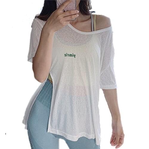 Sexy Split Sports Shirt Women Yoga Top Loose Gym Fitness Shirt Thin Breathable Running Shirt Short Sleeve Workout Training Tops