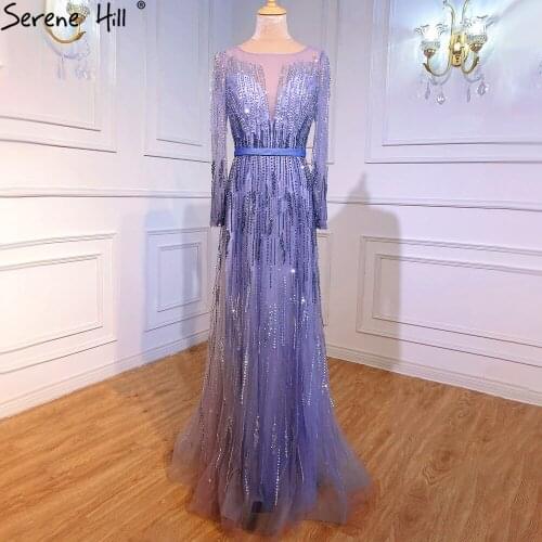SERENE HILL Blue Gold Luxury Evening Gowns 2020 Long Sleeves Beading Sparkle A-Line Formal Dress LA70323