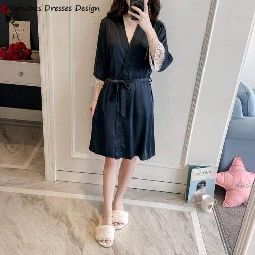 Navy Blue Knee Length Bridesmaid Dresses Bride Robes 2021 Wholesale Three Quarter Sleeves V Neck Nightgown Nightdress Bathrobe