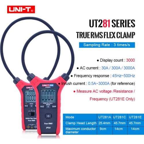 UNI-T UT281A/UT281C/UT281E True RMS Flex Clamp; 3000A AC True RMS Clamp Meter, Low Voltage Display / Digital Hold / Backlight
