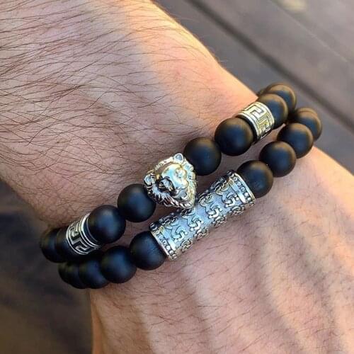 High Quality New Design Natural Stone Tiger eye Onyx Lava Rock Beads Stainless Steel Lion Charm Elastic Bracelet Men Jewelry