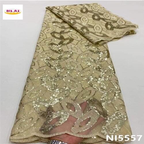 High Quality African Sequence Lace Fabric 2021 African Fabric 5 yards Gold Trimmings For Sewing For Wedding Dress NI5557-2