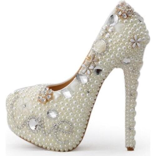 8cm/11cm/14cm Women Fashion Pearl Wedding shoes White crystal Rhinestone Bridal Shoes High-heeled shoes