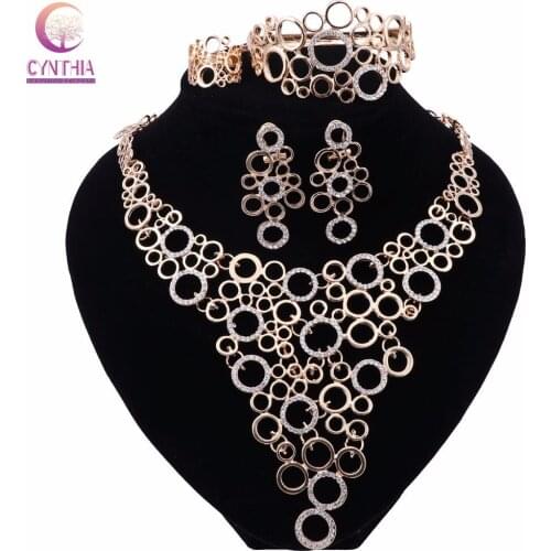 Women African Beads Jewelry Sets Crystal Necklace Earring Ring Bangle Party Jewelries Set silver color Statement Accessories